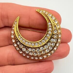 Joan Rivers Vintage Gold Tone Pave Crystal Crescent Moon Brooch Pin Statement